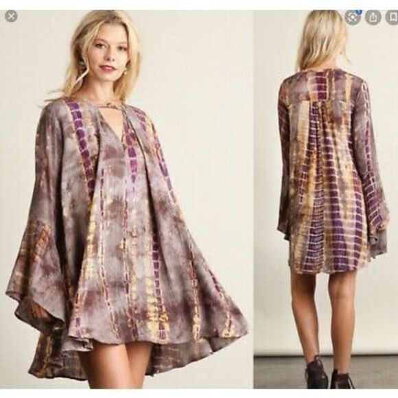 Umgee Bohemian tie dye a line dress with key hole size Small Bell Sleeves - Picture 1 of 8